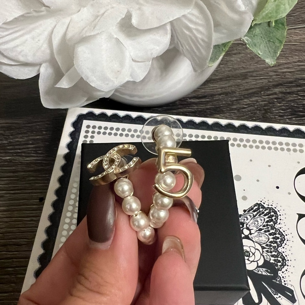 Chanel Gold 5 & Crystal CC Faux Pearl Hoop Earrings - Picture 10 of 10